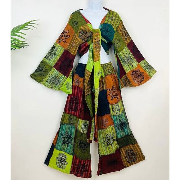 Green Handmade BoHo‎ Motif Patchwork Palazzo Pants with Flare Sleeve Top 2-Piece - Picture 1 of 2